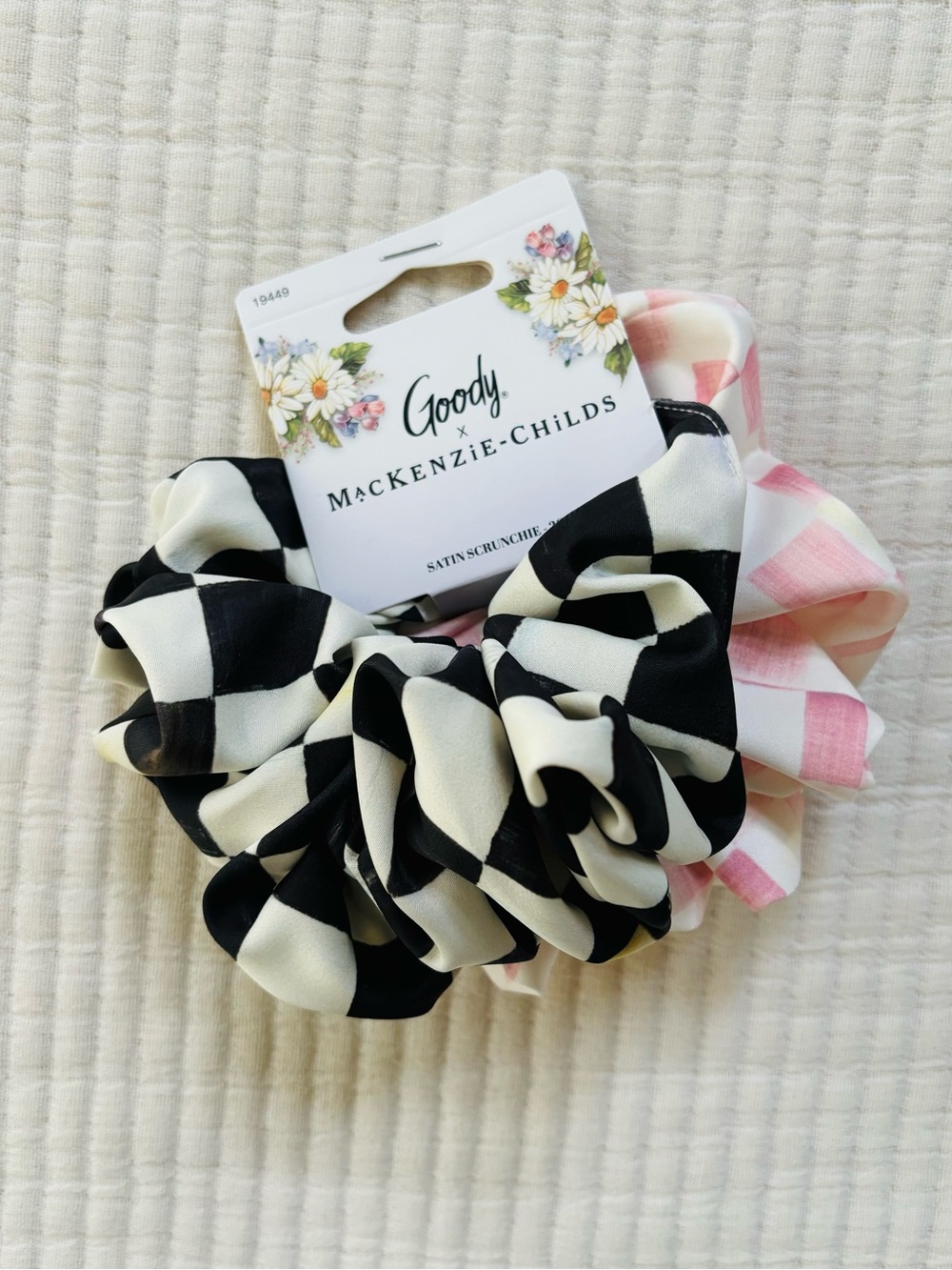 MacKenzie-Childs x Goody Large Silk Hair Scrunchies Set of Two Black/White/Pink